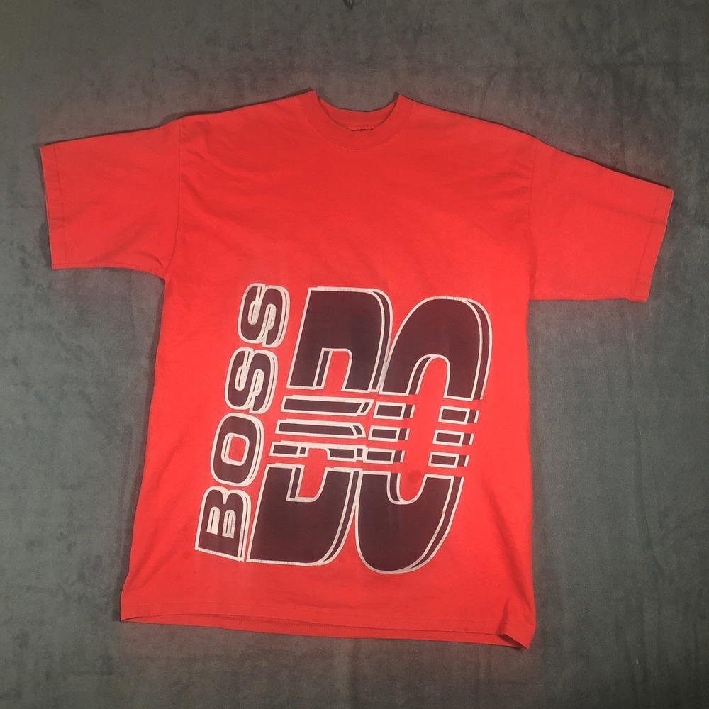 Vtg Mens 90s BOSS By IG Design Red T-Shirt Made in USA Block Logo Spell out
